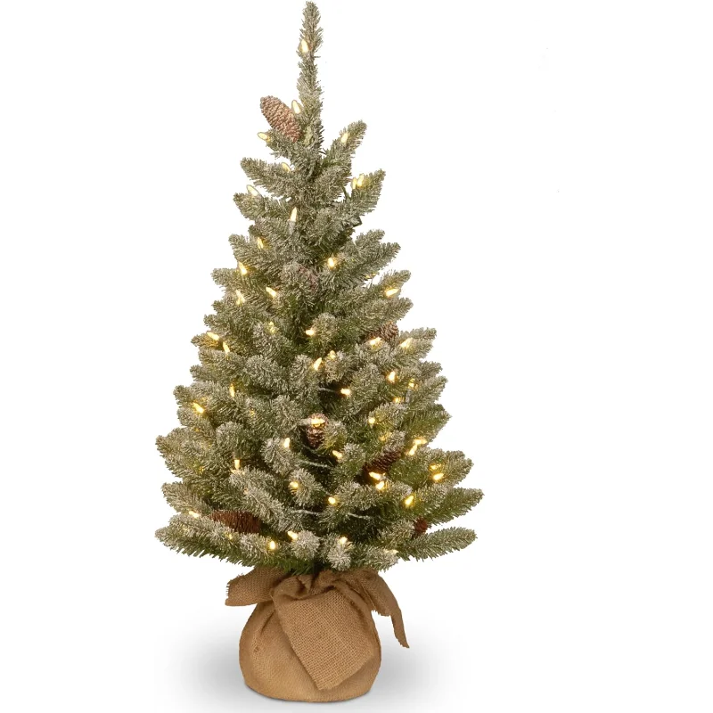 

Artificial Mini Christmas Tree Includes Small White LED Lights and Cloth Bag Base Snowy Concolor Fir Burlap - 3 ft, Brown/Green