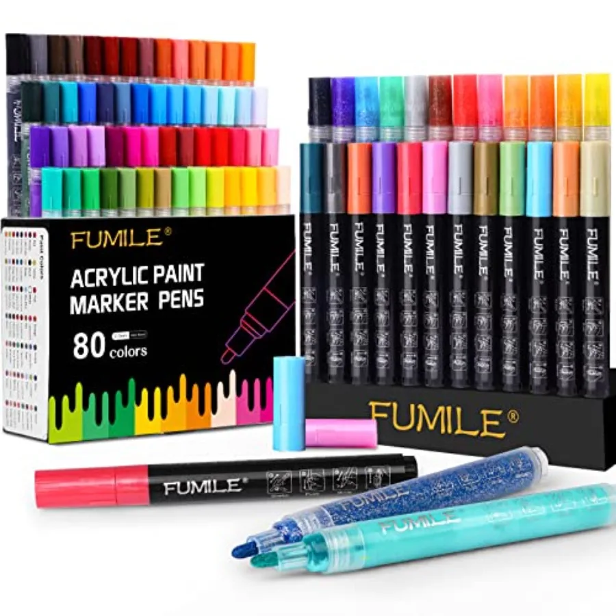 

Acrylic Markers Paint Pens, Colors Paint Markers include Metallic Color 12 PCS,Blink Color (12 PCS) and Normal Color (56 PCS).