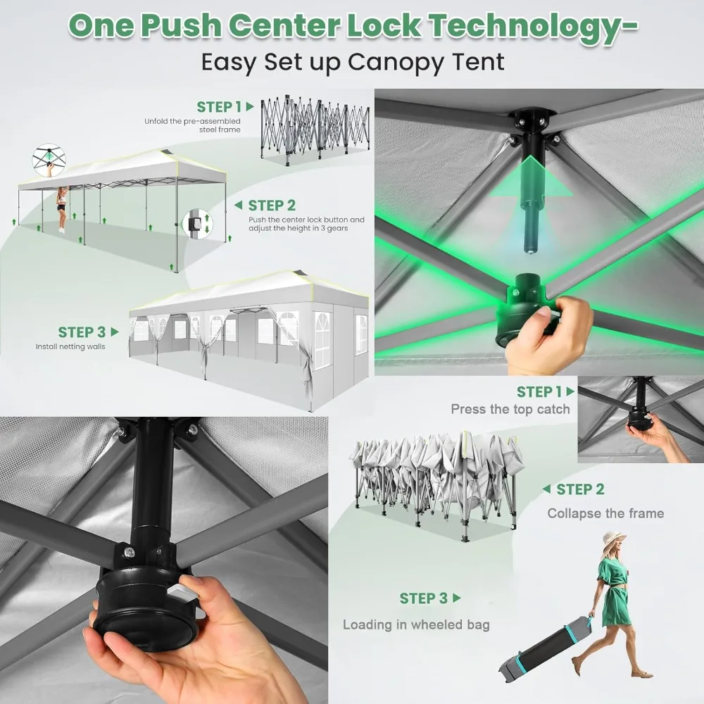 10x30 Pop Up Canopy One Push Party Tent with Air Vent Waterproof Commercial Outdoor Patio Gazebo with 8 Removable Sidewal
