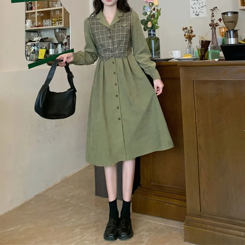 

Patchwork Button Long Sleeve Fake Two Pieces Dresses Elegant Fashion Harajuku Female Clothes Loose Casual Sweat All Match Skirt