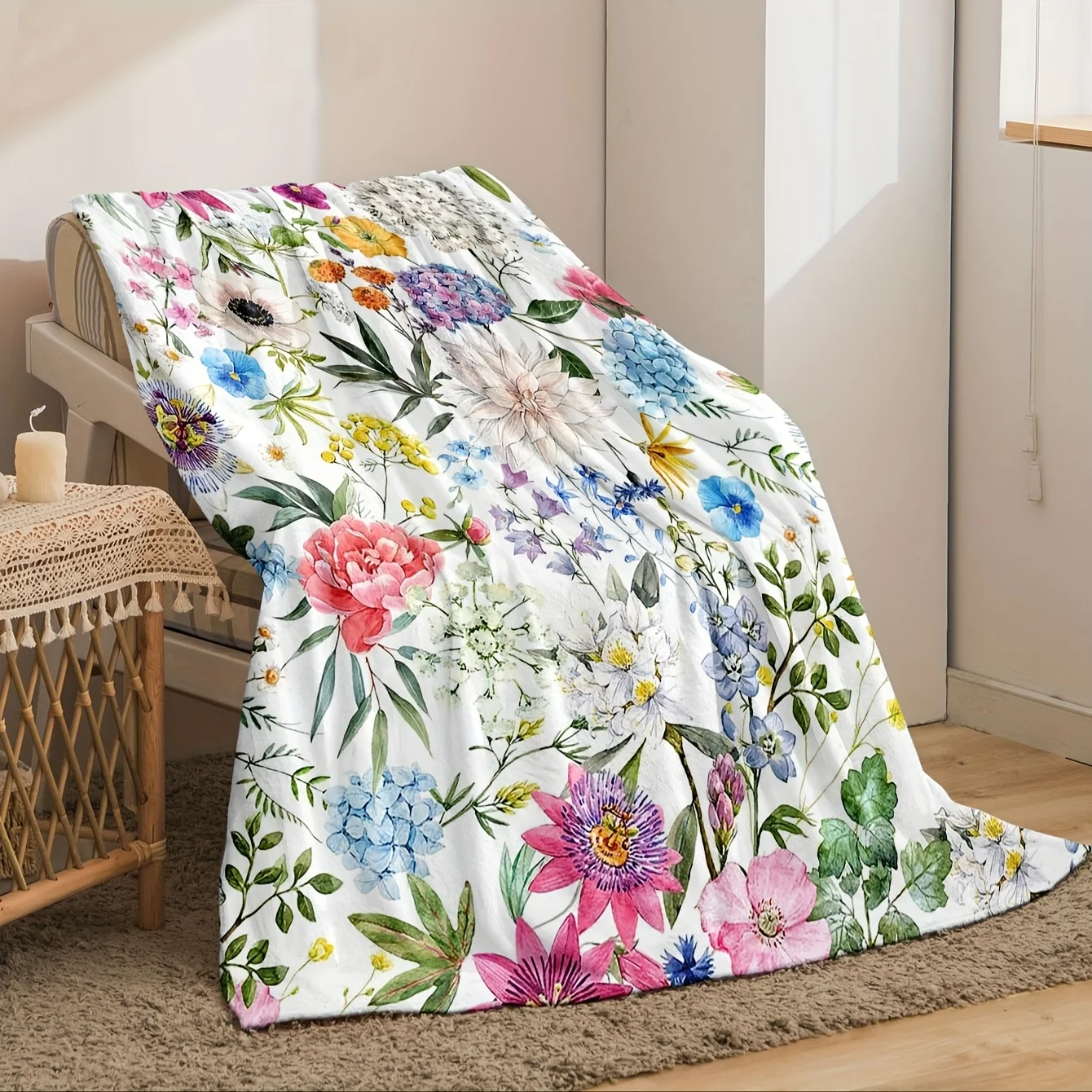 1pc digital printed Spring Plant Colorful floral flannel blanket, perfect for sofa,, living room decoration, office, bedroom, ou