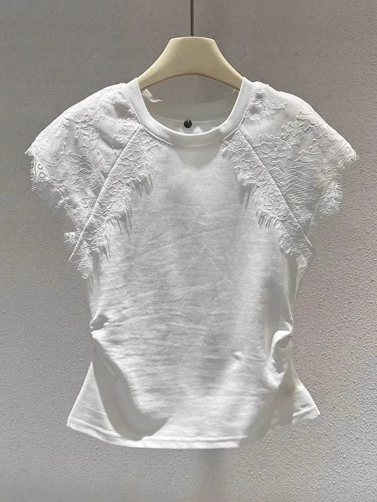 

Summer New French Sleeveless Lace Splicing Pleated Waist T-shirt Women