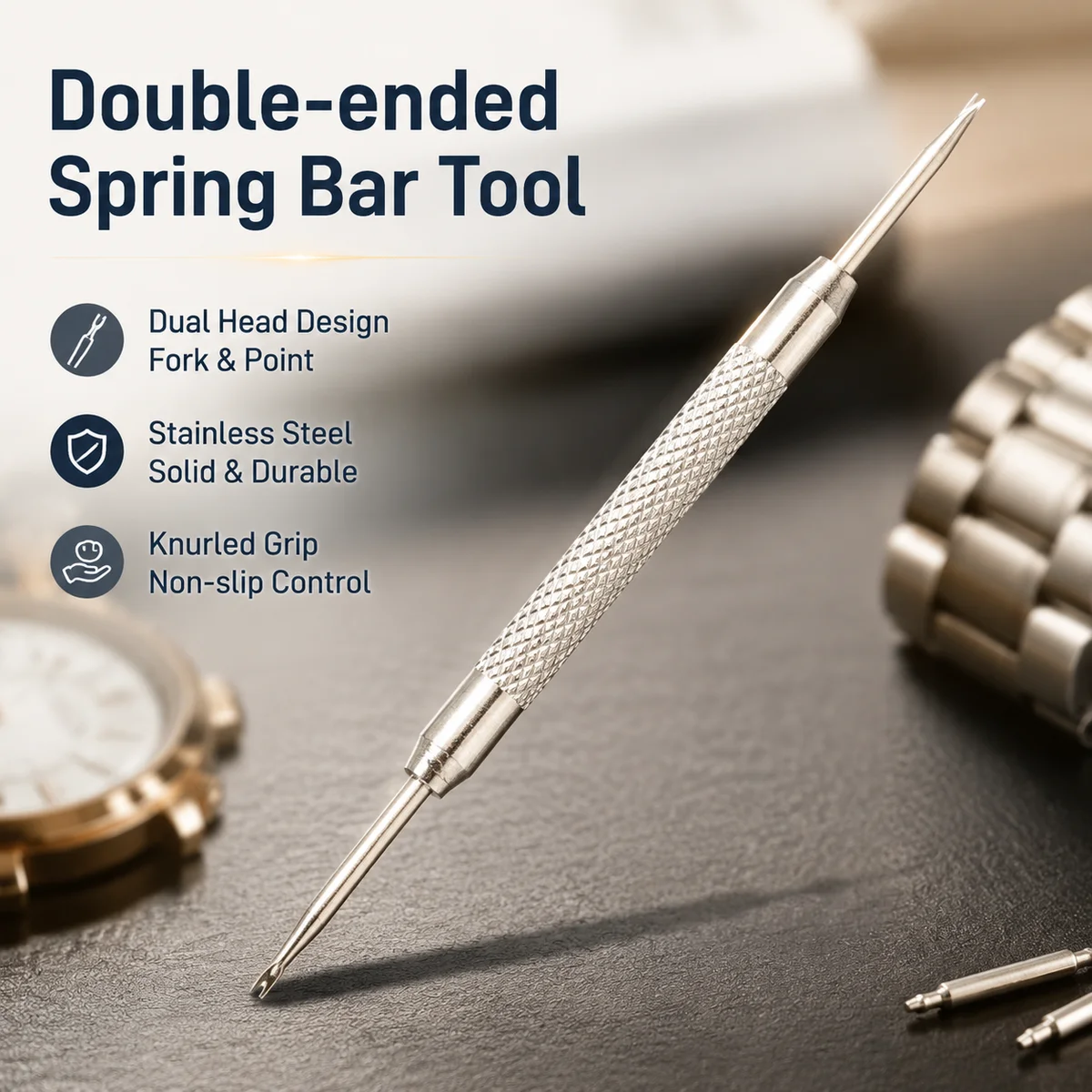 Double-Ended Stainless Steel Spring Bar Tool for Watch Strap Installation and Removal with Knurled Grip