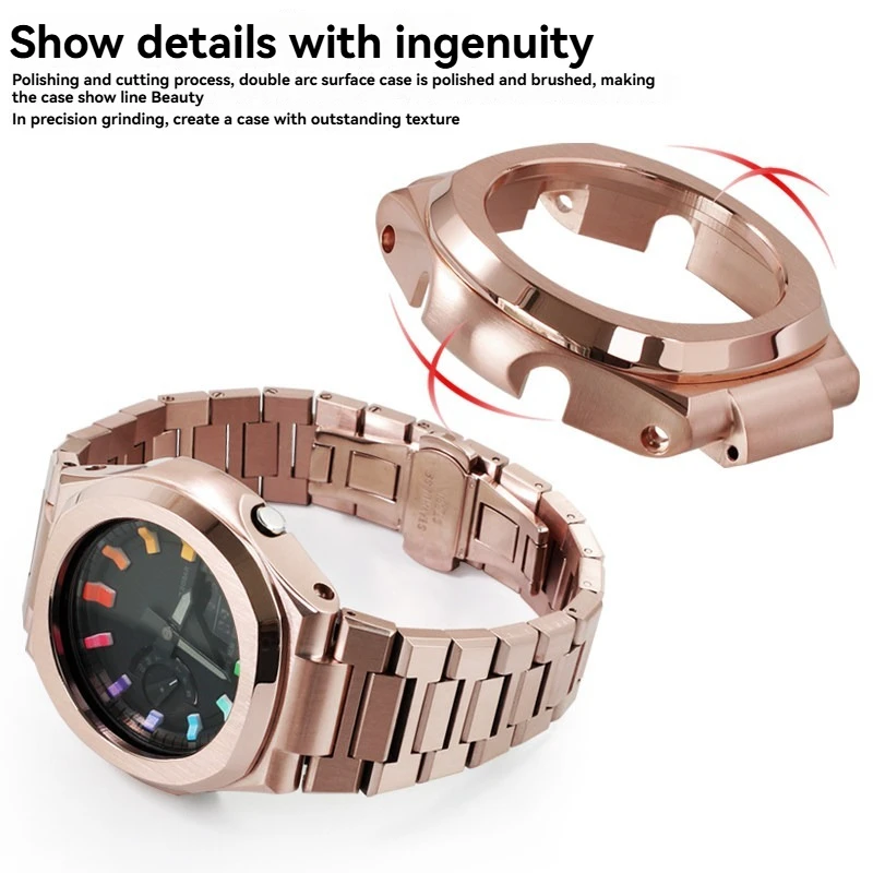 For Casio GA-2100 GA-2110 GA-B2100 Customization-Specific Stainless Steel Metal Watch Band Premium Steel Case Rose Gold-Tone Set