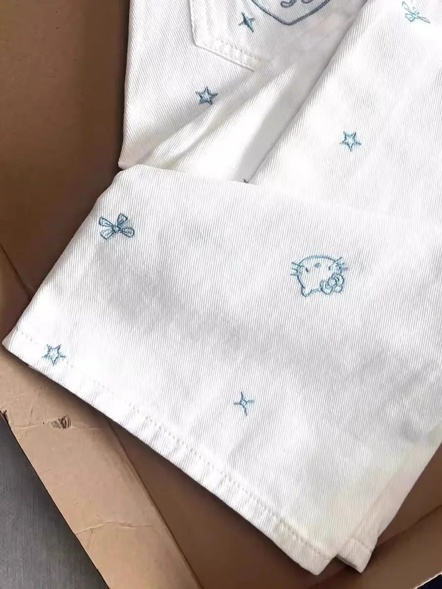 

Белый комплект, широкие джинсы прямого кроя с вышивкой, женские летние свободные повседневные брюки с высокой талией, однотонные джинсы