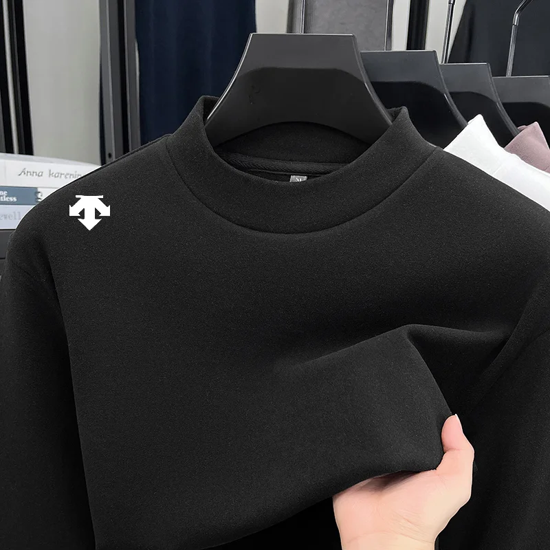

Luxury Man New Long-Sleeved T-Shirt Mock Neck Solid Color Velvet Fleece Stamp Korean-Style Hot-Selling T-Shirt Leisure SportTops