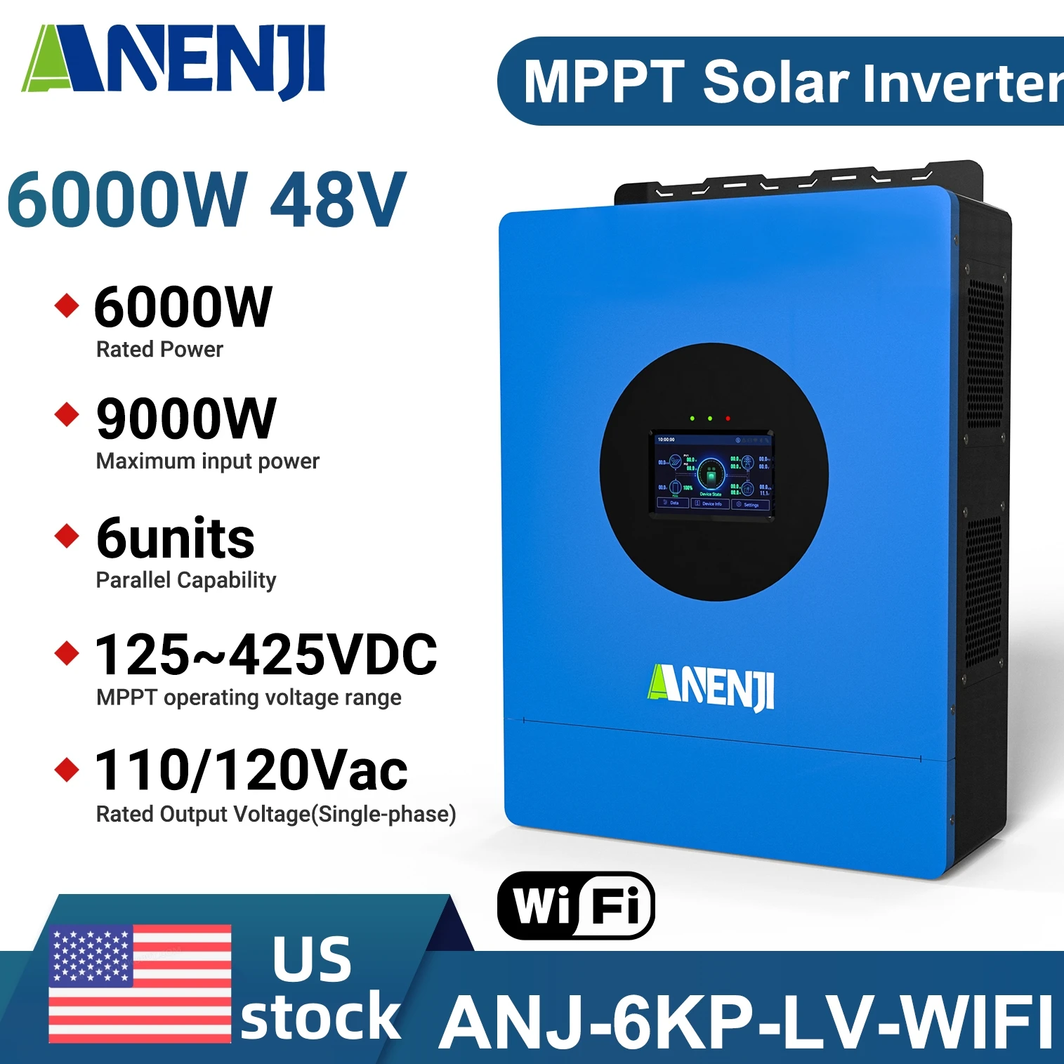 

ANENJI 6KW 48V 110/120V Hybrid Solar Inverter Built-in MPPT 120A charging controller and WiFi Dual Input Parallel Up to 6 Units