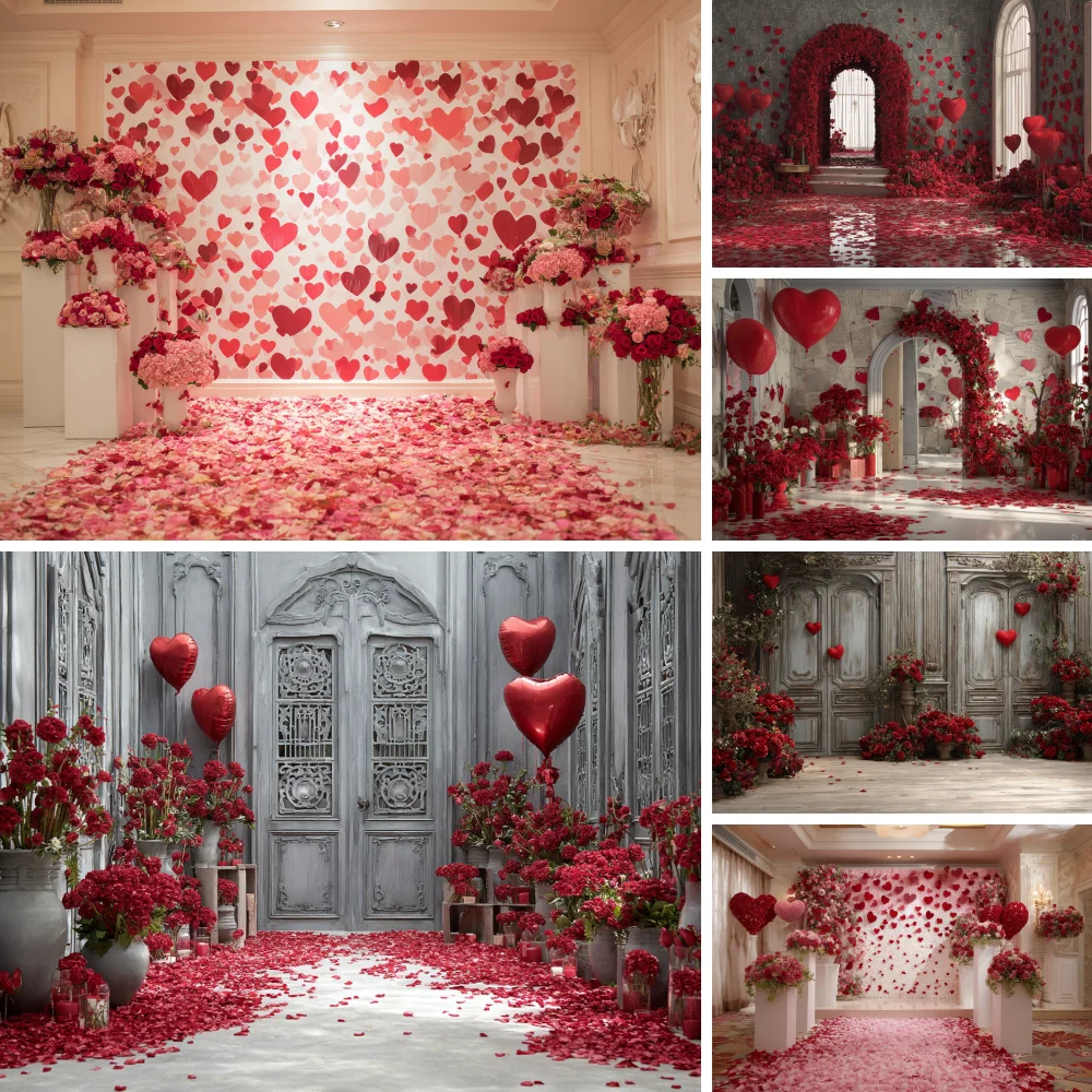 

Love Valentine's Day Background Photography Curtain Flowers Pink Cabin Photozone Backdrop Couple Anniversary Photobooth