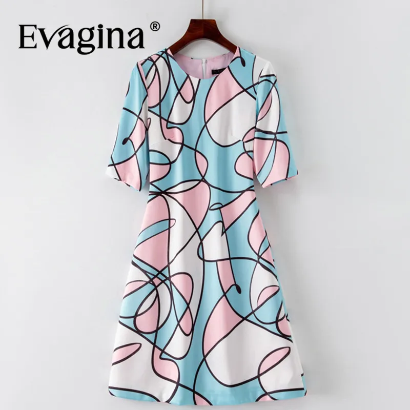 

Evagina Summer Women's Dress Short-Sleeved Print Commuter Office Lady sky blue High-End Slim Dresses