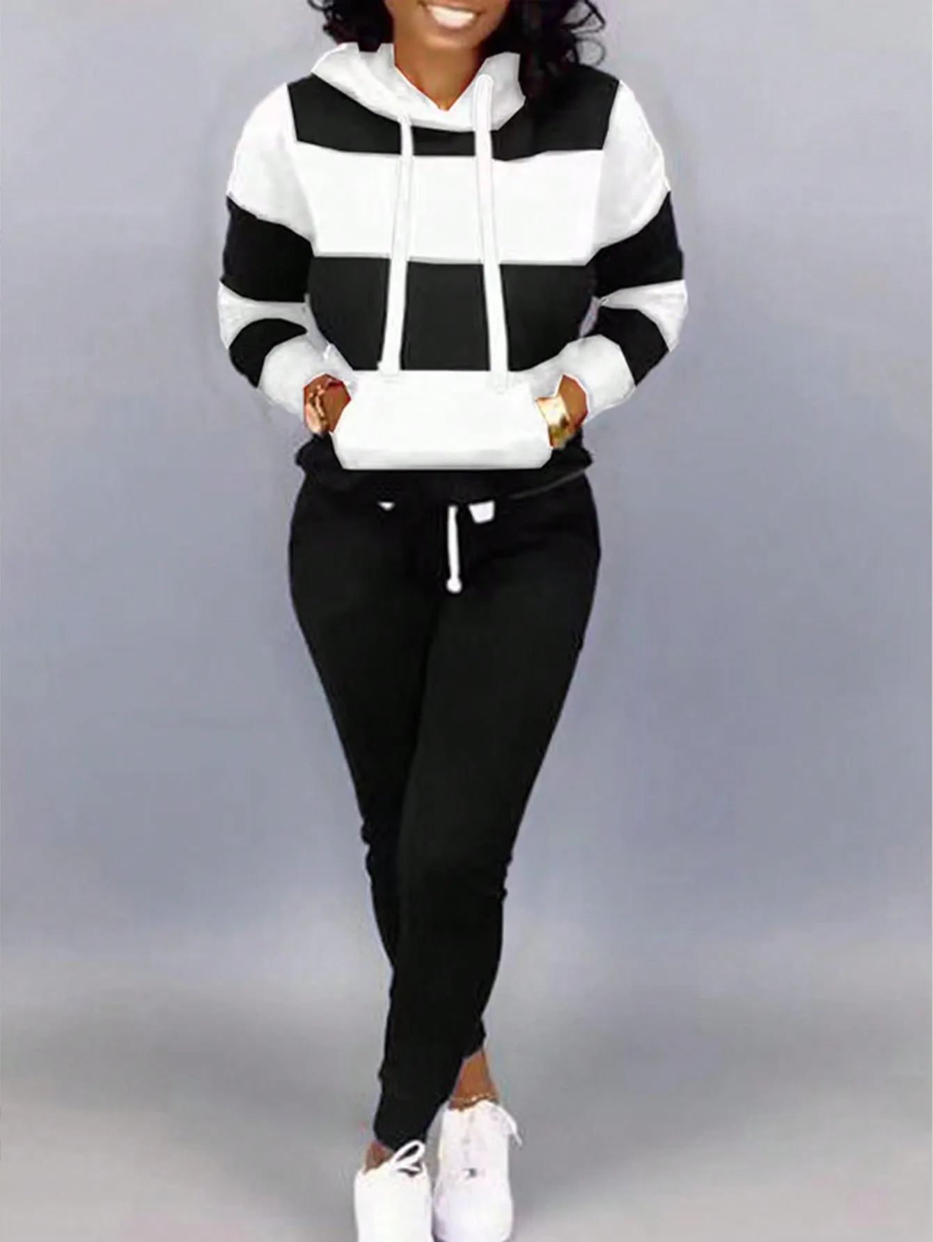Women's Black and White Striped Hooded Loose Sweatshirt & Jogger Pants Set
