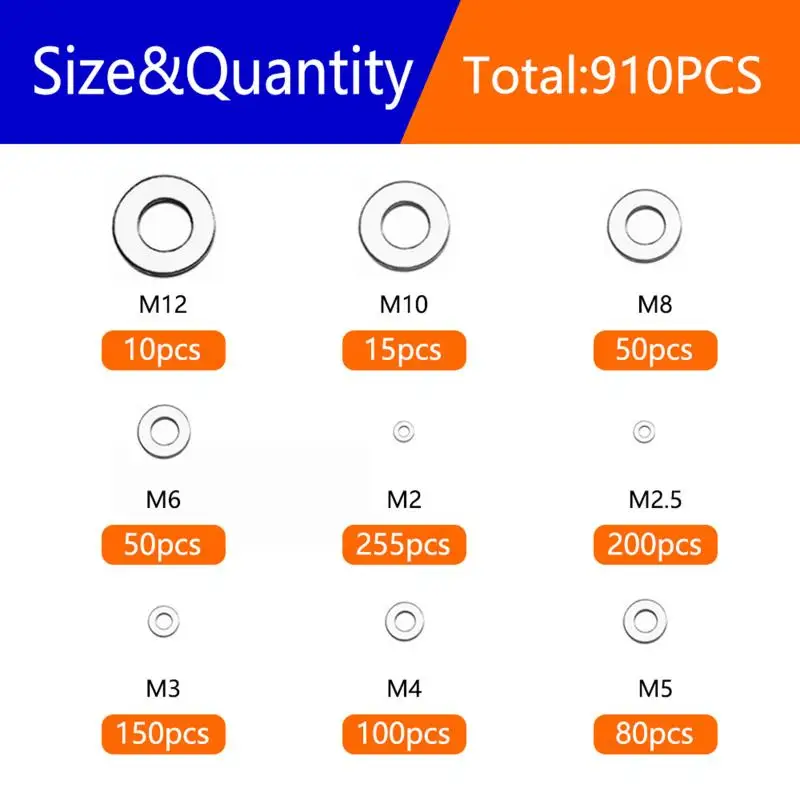 910/200 ชิ้นเหมาะสำหรับตกแต่งบ้าน 304 สแตนเลสสตีลแบนแหวนรองชุด (M2 M2.5 M3 M4 M5 M6 M8 M10 M12)