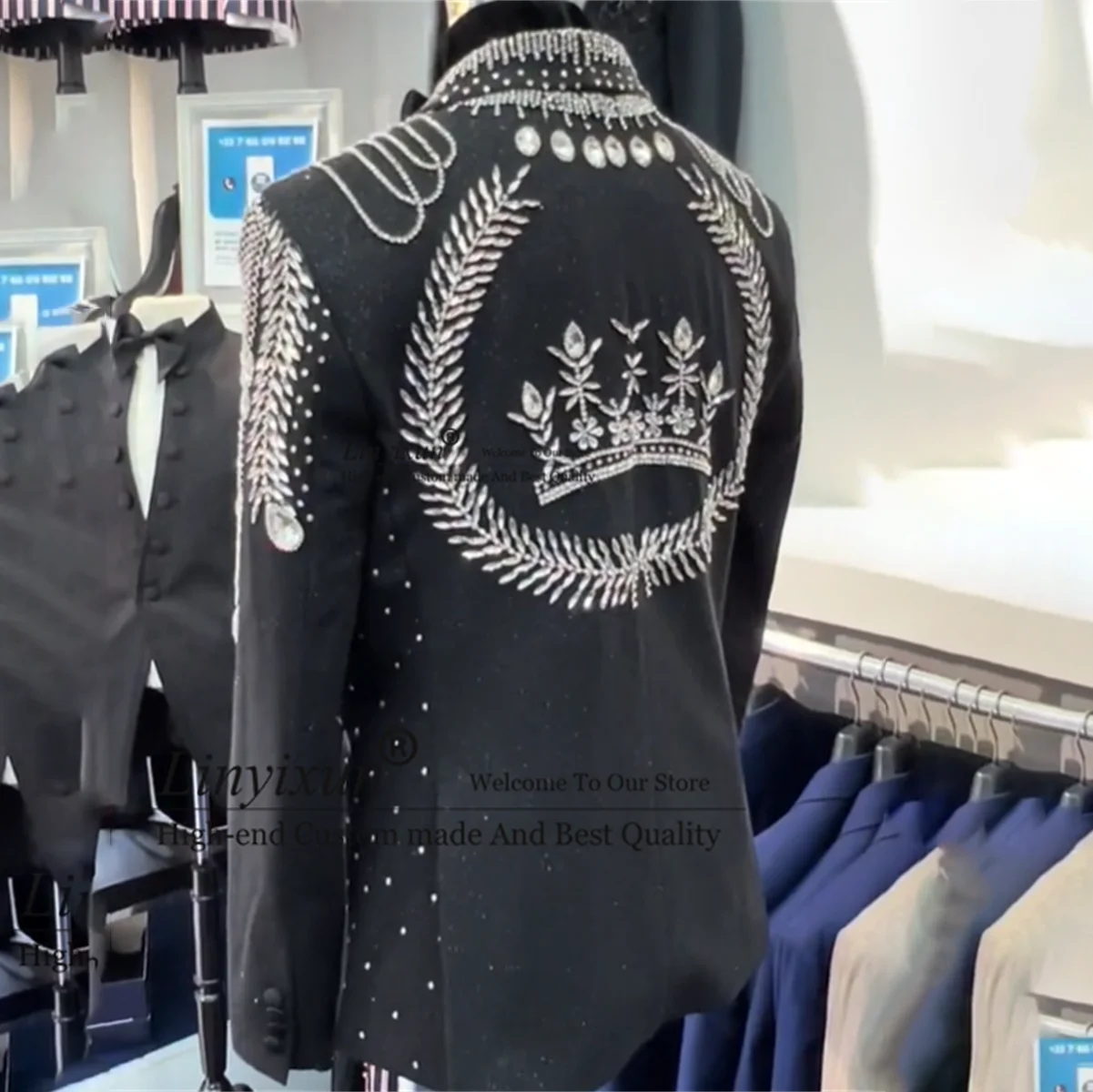 แฟชั่นเงาอัญมณีผู้ชายชุดหรูหราลูกปัดคริสตัลเจ้าบ่าว Tuxedos 2 ชิ้นชุดที่กําหนดเอง Party Prom Blazer งานแต่งงาน Ropa Hombre