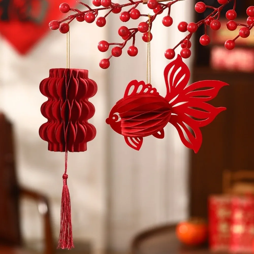 Red Chinese New Year Decoration Small Chinese Knot Honeycomb Lantern Koi Gourds Shape 3D Felt Pendant Home Decoration