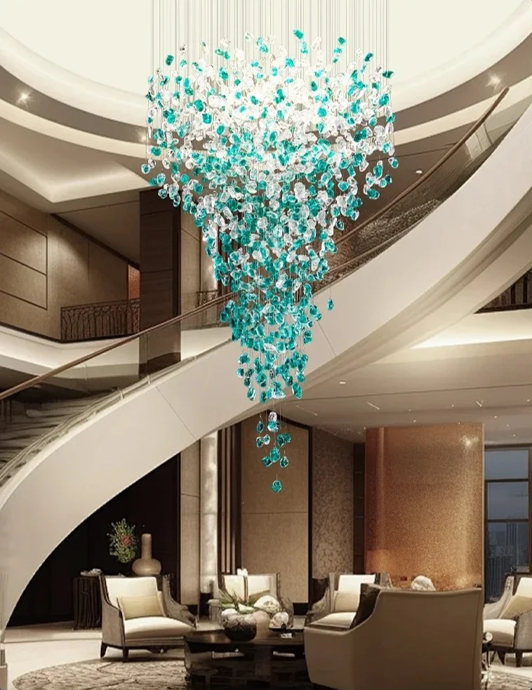 

Large Project High Ceiling Hanging Lamp Cobble Pendant Light Hotel Lobby Banquet Hall Decoration Crystal Glass Stone Chandelier