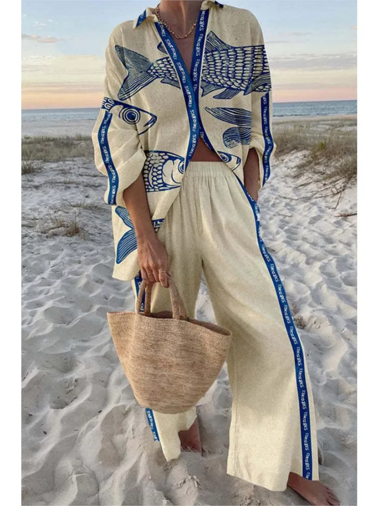 

Woman Fashion Print Beach Holiday 2-Piece Sets 2025 Summer Long Sleeve Shirt Top + Wide Leg Pant Women's Two-Piece Outfit