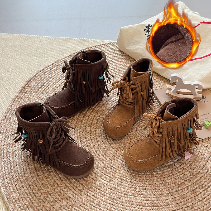 

Детские полусапожки в этническом стиле, ботинки принцессы для девочек, модные универсальные зимние ботинки 2025 года, новые детские модные повседневные ботинки, теплые замшевые ботинки