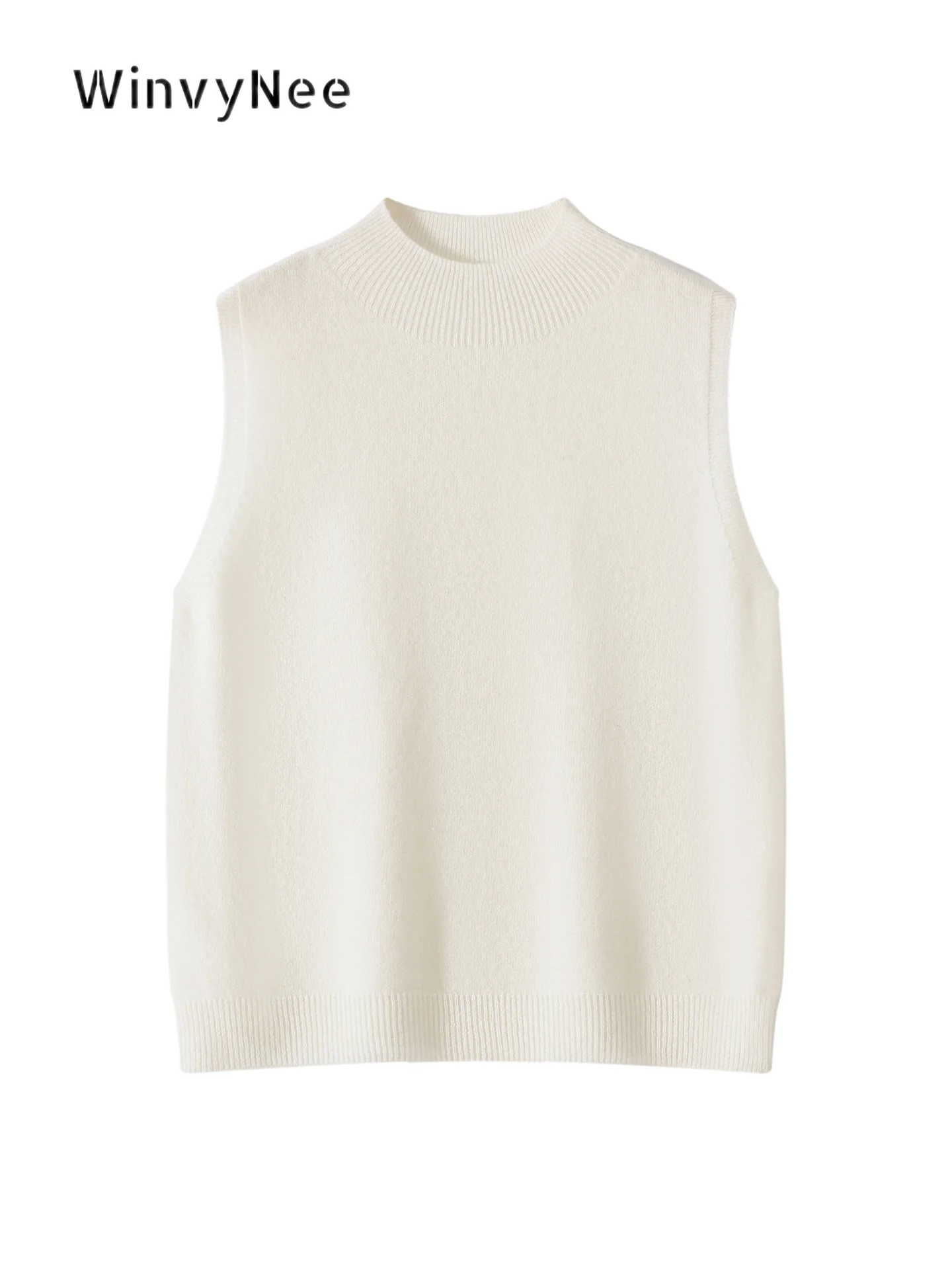 WinvyNee Women Cashmere Sleeveless Mock Neck Knit Camisole Gentle Street Premium Warm Fashion Inner Layer Chic Pullover C1734007