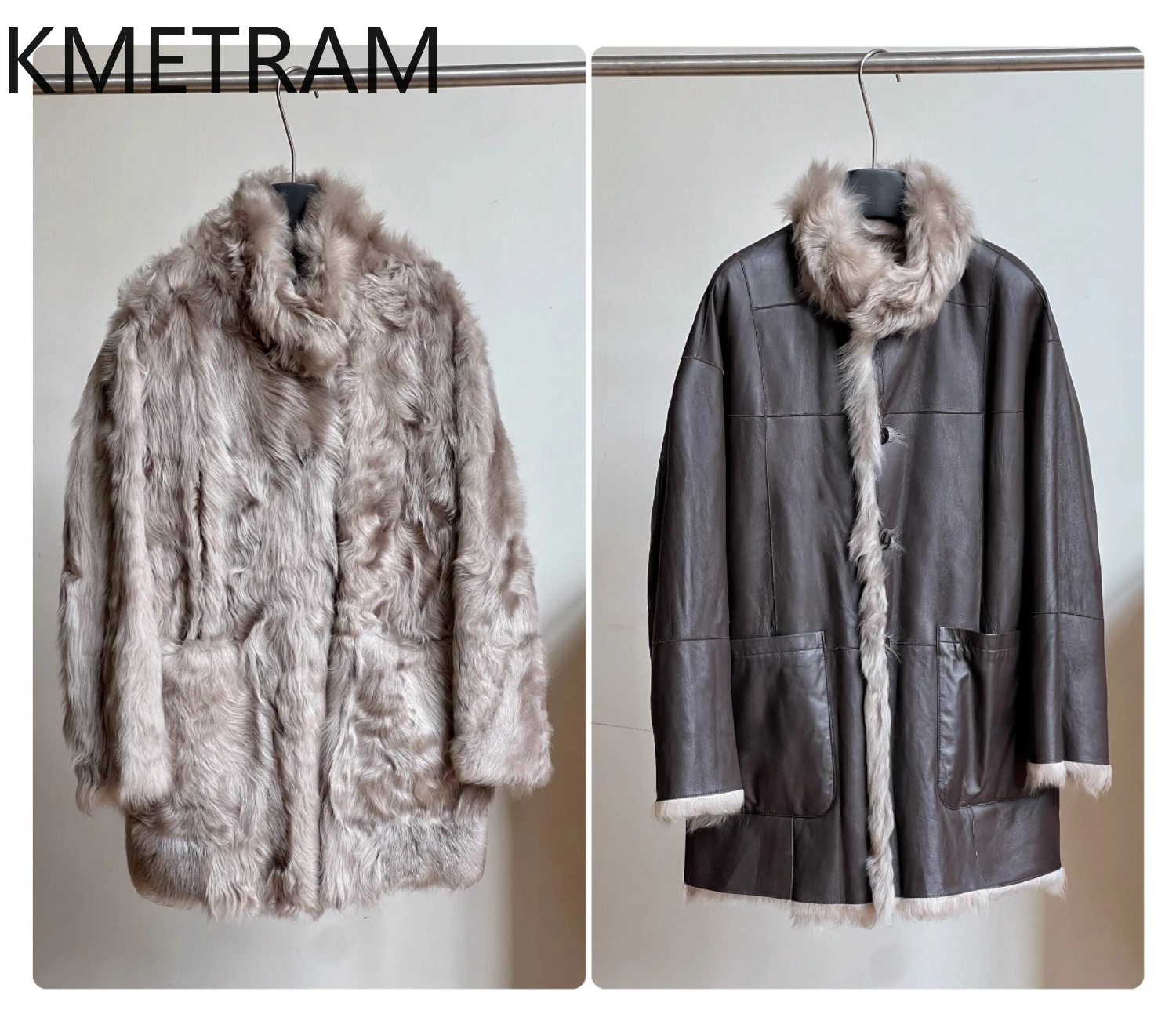 KMETRAM Naturalna Wełna Skóra Owcza Dwustronny Płaszcz z Futra Damski Średniej Długości Dwustronny Płaszcz z Prawdziwego Futra Zimowe Ubrania 2025 Fourrure