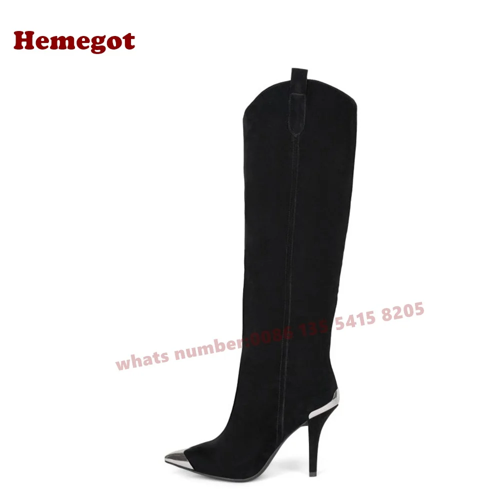 Splicing Stiletto Heels Knee High Boots Suede Pointy Toe Side Zipper Women's Long Boots V-Cut Runway Shoes 2025 New Winter Sexy