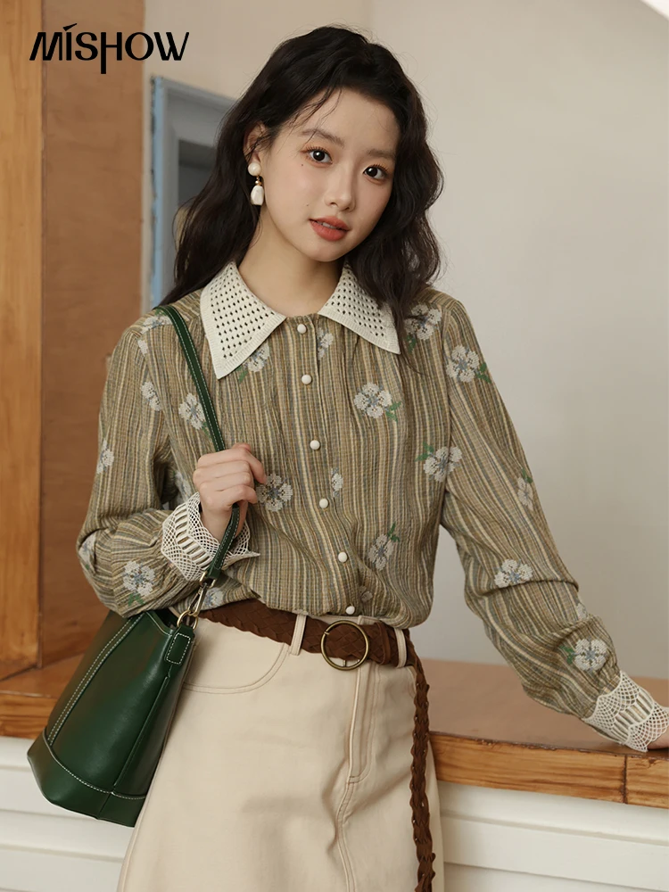 

MISHOW Embroidered Shirt for Women Autumn 2025 Hollowed Out Woven Lapel Tops Lace Cuffs Vintage Long Sleeved Shirt MXE44C2393