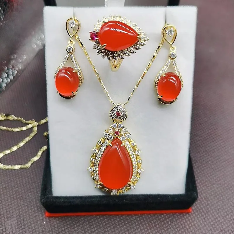 Jade Crafts Seed Red Agate Pendant Electroplated Gold Inlaid Chalcedony Ring Earrings
