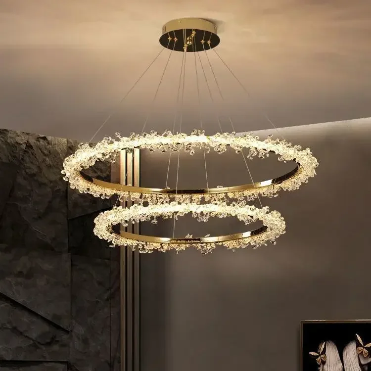 Nordic modern luxury golden round ceiling crystal chandelier indoor living room electroplating halo LED chandelier