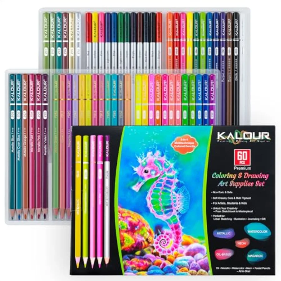 

60 Art Drawing Set5 Types of Colored Pencils Including OilBased Metallic Watercolor Neon aron Pastels.for Artists Adults.Art pl