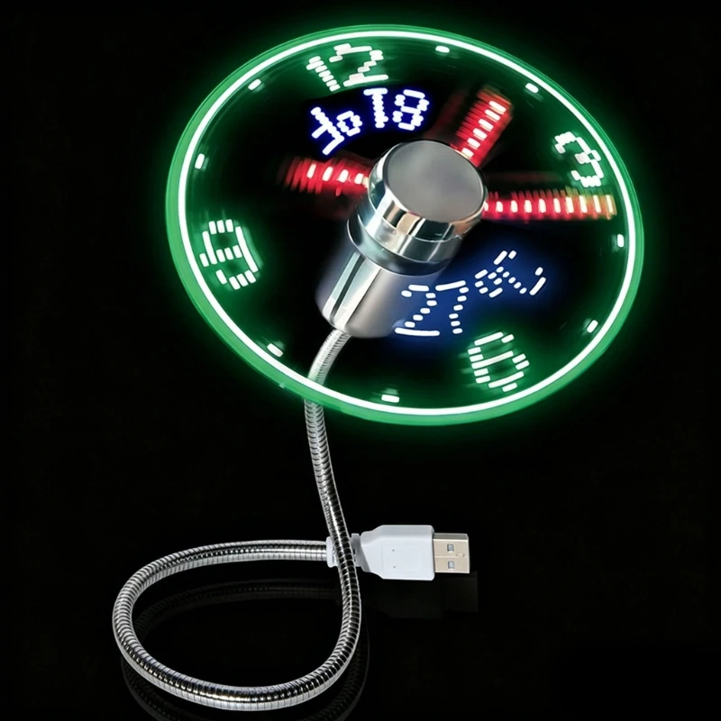 Intelligent LED Flash Display USB Fan With Builts In Clock And Thermometers for PC Laptop Desktop D2RC