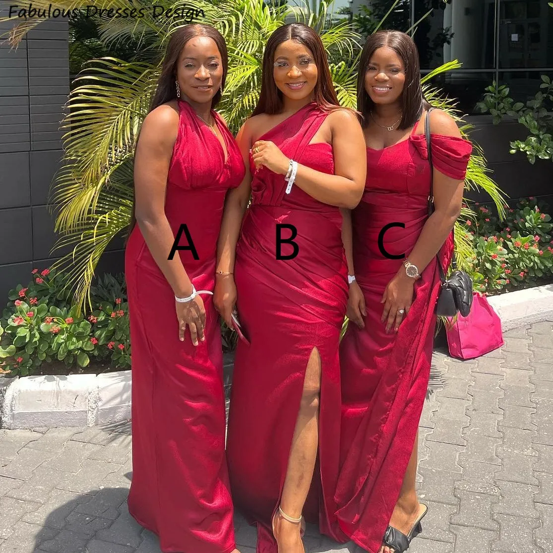 

Red Halter Mermaid Bridesmaid Dresses Long Sexy Slit V-neck Backless Wedding Party Dress African Women Maid Of Honor