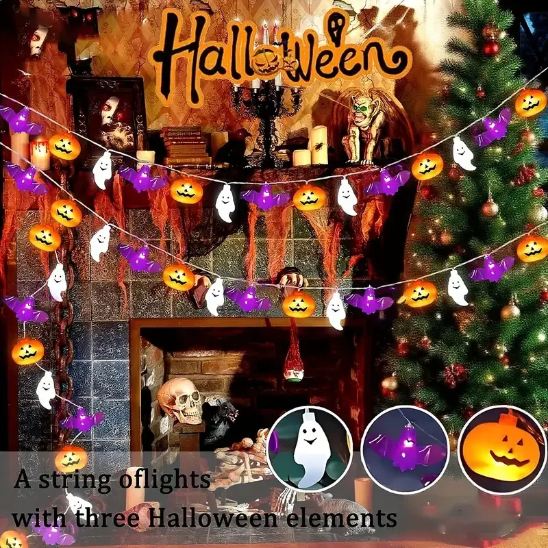 1PC 10/20/40LED Halloween String Lights Battery Operated Pumpkin Bat Ghost Lamps for Indoor Home Courtyard Halloween Theme Party