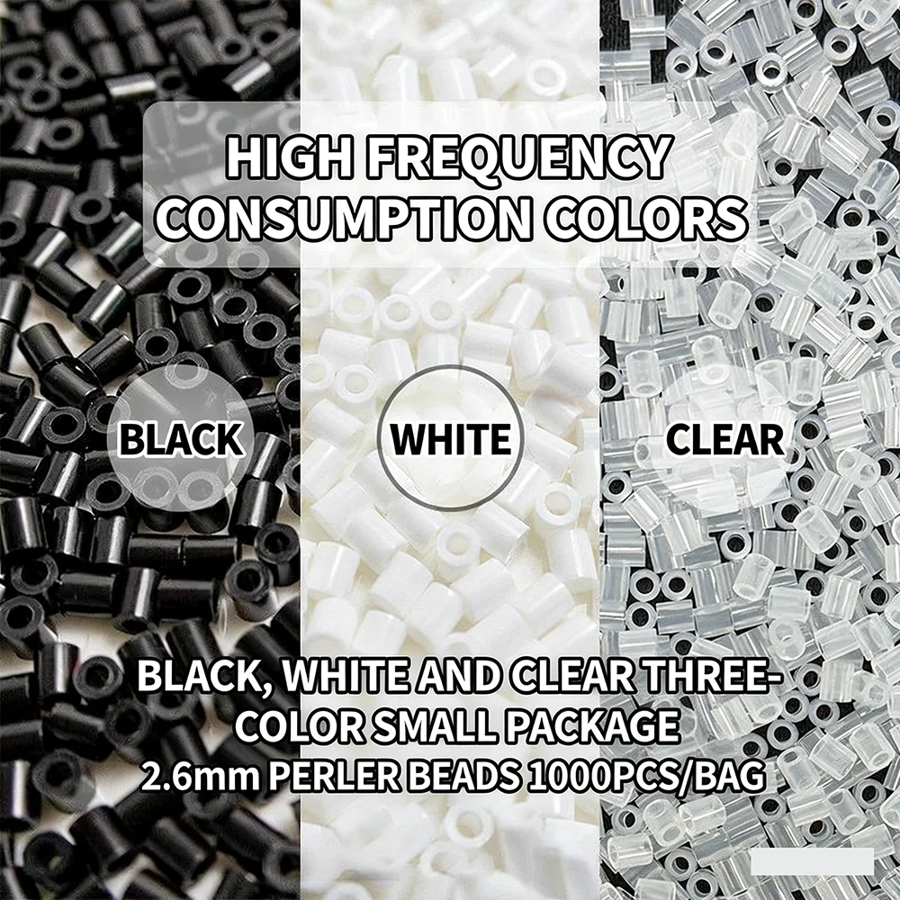 

2.6mm MARD Compatible 4 Colors Fuse Beads Kit - Black, White, Transparent, Skin Tone, 1000pcs/10g Per Color
