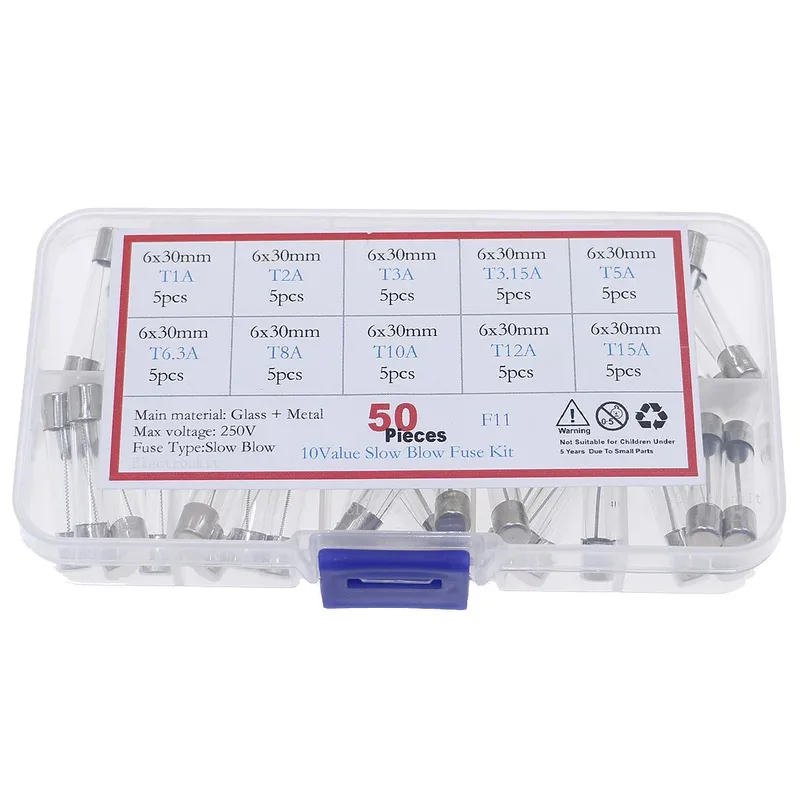 50Pcs 10Value 6x30mm T1A-T15A slow Blow Glass Tube Fuse Assorted Kit