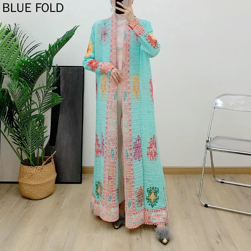 

MIYAKE Pleated Printed Strappy Robe Spring New Versatile Long-sleeved Trench Coat Women's Fashion Middle East PLEAT Robe Elegant