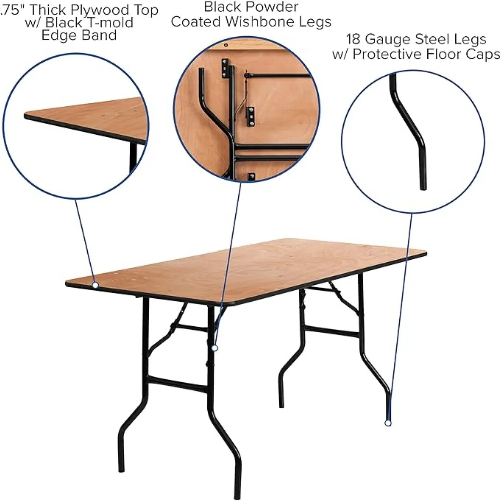 5-Foot Rectangular Wood Folding Banquet Table with Clear Coated Finished Top