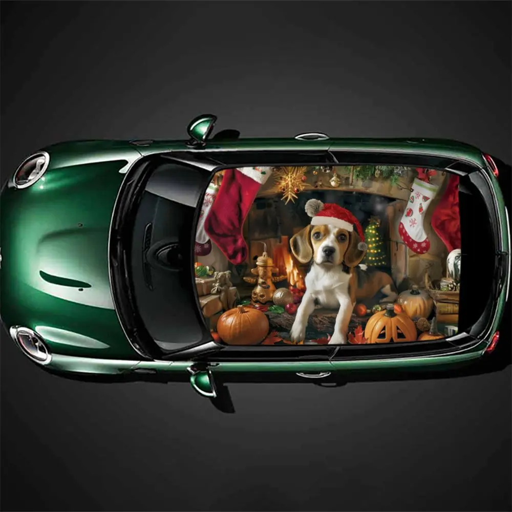 

Christmas Hat Stockings Dogs Print Car Roof Sticker Wrap Racing SUV Auto Accessories Packaging PVC Car Hood Graphic Decal Decor