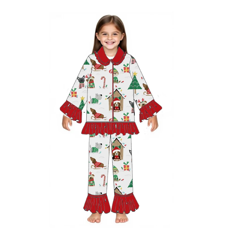 طقم بيجامات على طراز عطلة للأطفال للأولاد والبنات عيد الميلاد pjs بأكمام طويلة مطبوع عليه شجرة عيد الميلاد حرير الحليب بالجملة