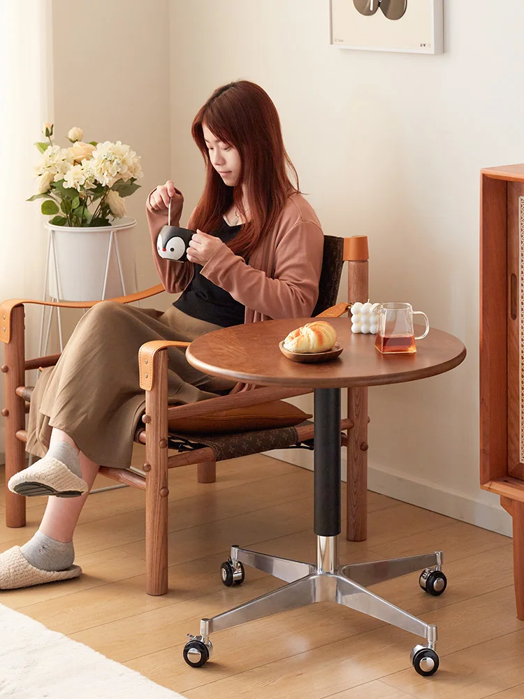 

Japanese-style solid wood lifting edge table, small round table, sofa side table, movable tea table with wheels