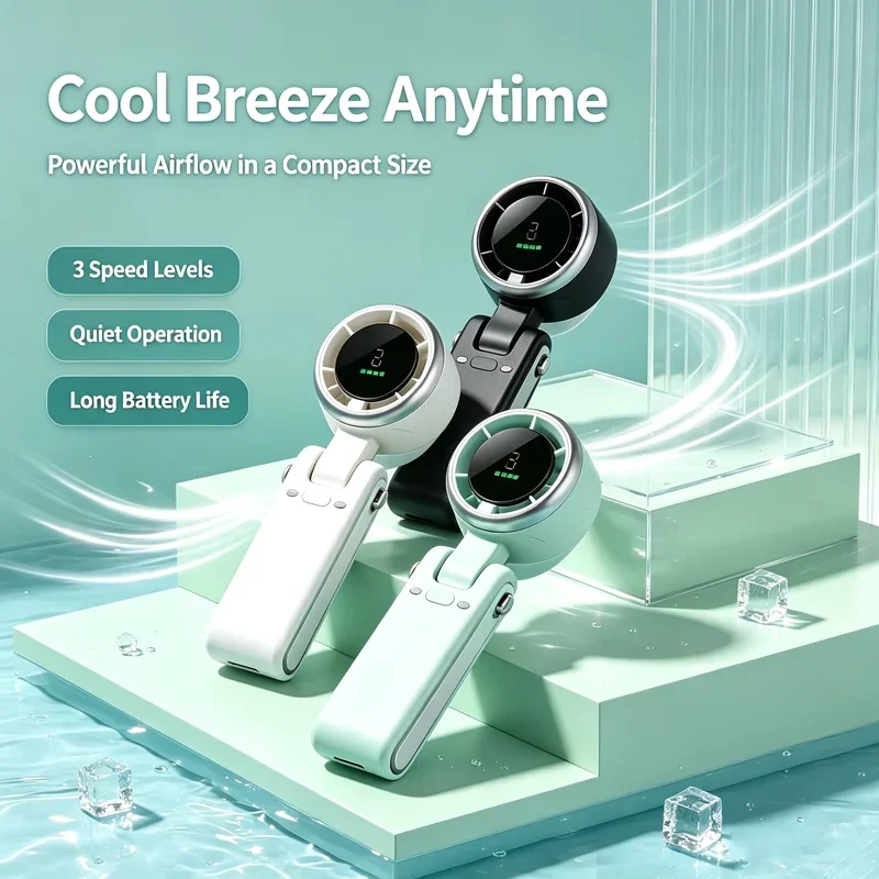 Mini Fan Portable Handheld Fan LED Display Household Long Battery Life Folding/neck Hanging Brushless Silent Fan
