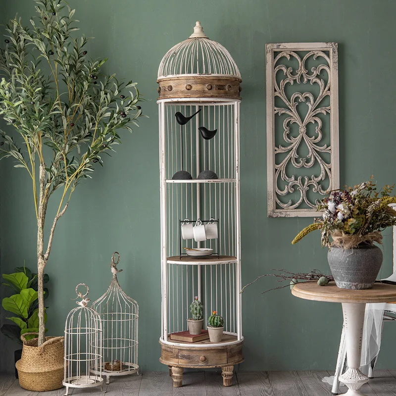 Creative retro birdcage storage rack, multi-layer wall facing bookshelf, American style iron art living room