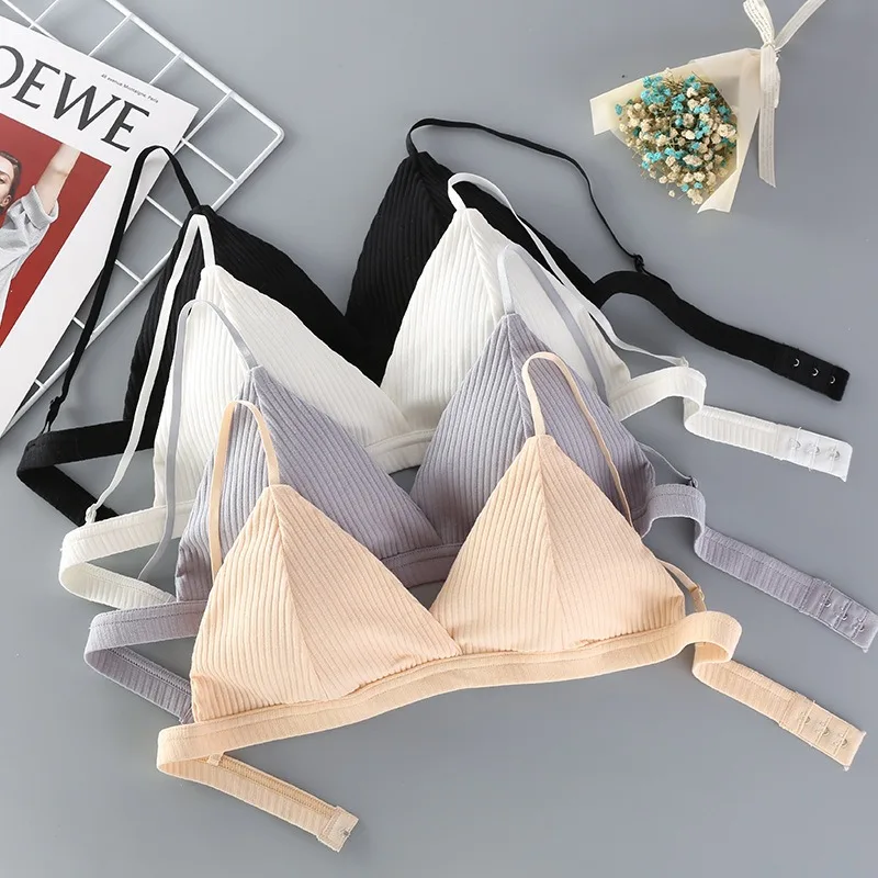 Damen Baumwoll-Push-Up-BH Gerippter Triangel-BH Drahtloser BH Sexy Dessous Einfache Unterwäsche mit Tiefem Rücken und Einzelhaken