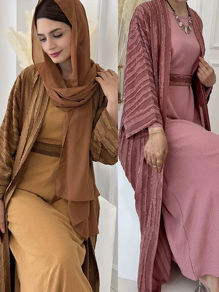 

ИД мусульманское платье-Кафтан для женщин комплект из 2 предметов Abayas Дубай женский Рамадан халат скромный наряд костюмы вечерние длинные платья