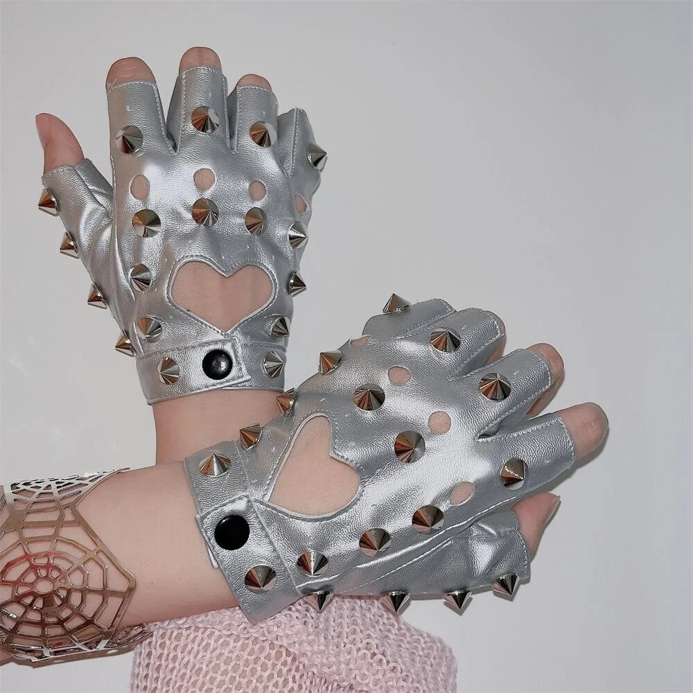 Motor Fingerless Rivet Gloves PU Leather Leopard Print Half-palm Gloves Punk Y2K Patent Leather Gloves Girls