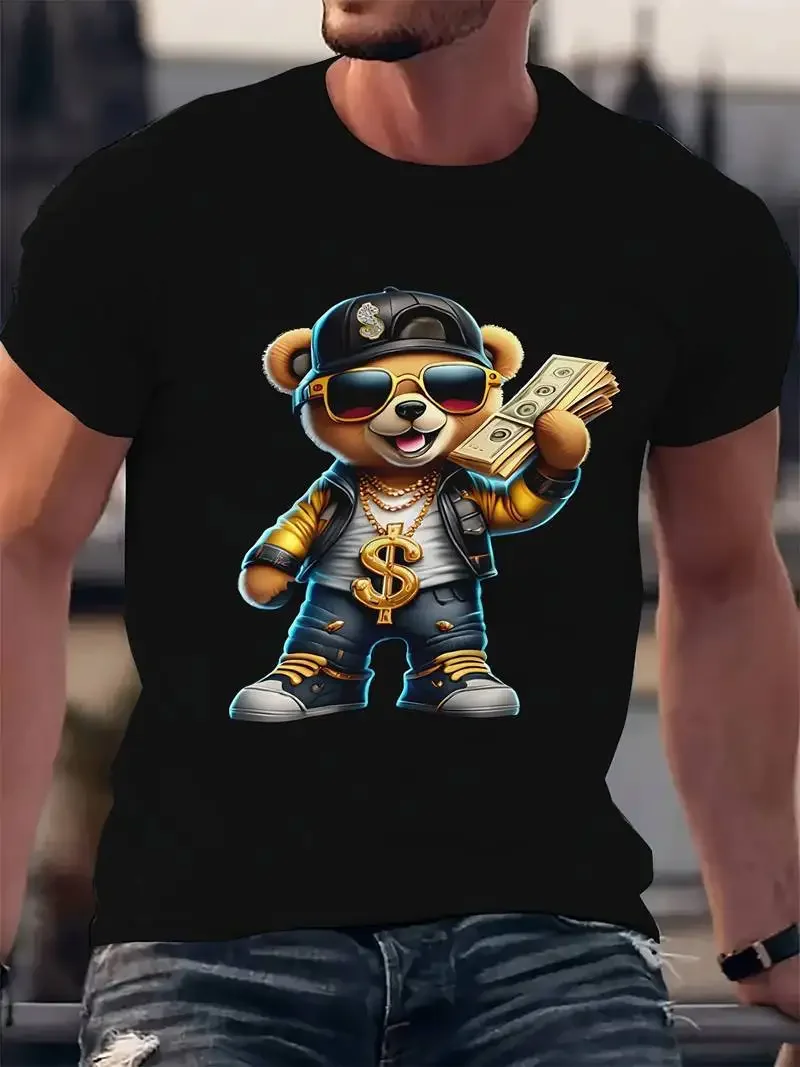 2026 New Men Hip Hop Gangster Teddy Bear Print T-shirt Trend Street Biker O Neck Short Sleeve Tees Summer Casual Tops