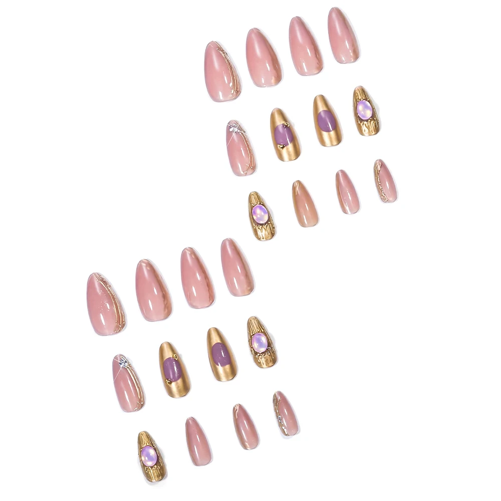 Faux ongles à pression en métal plaqué or, 24 pièces, strass scintillants, amande moyenne, lignes irrégulières brillantes 3D