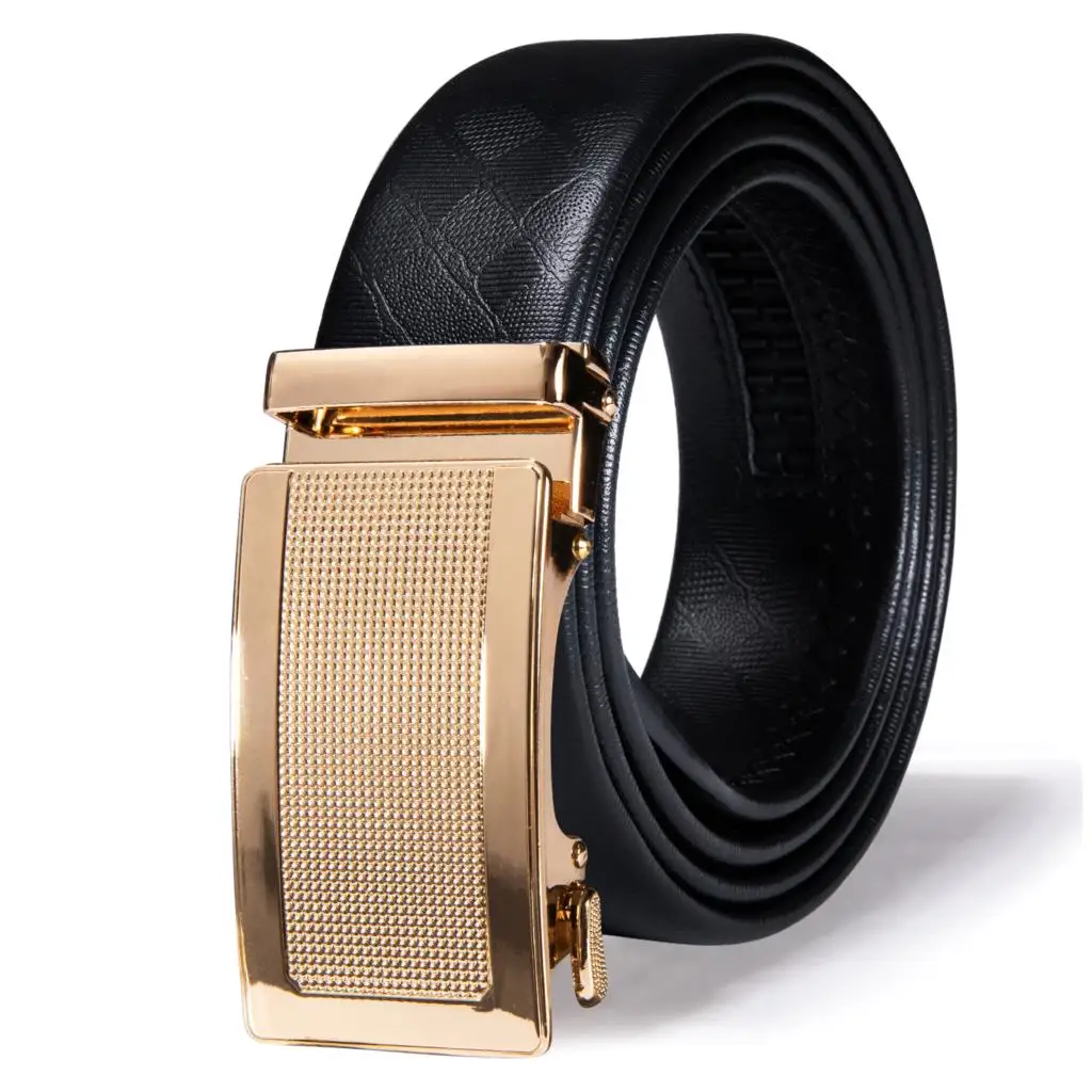 

Hi-Tie 2023 New Gold Automatic Buckles Mens Belts Black Genuine Leather Ratchet Waist Belt For Men Dress Jeans Wedding Party