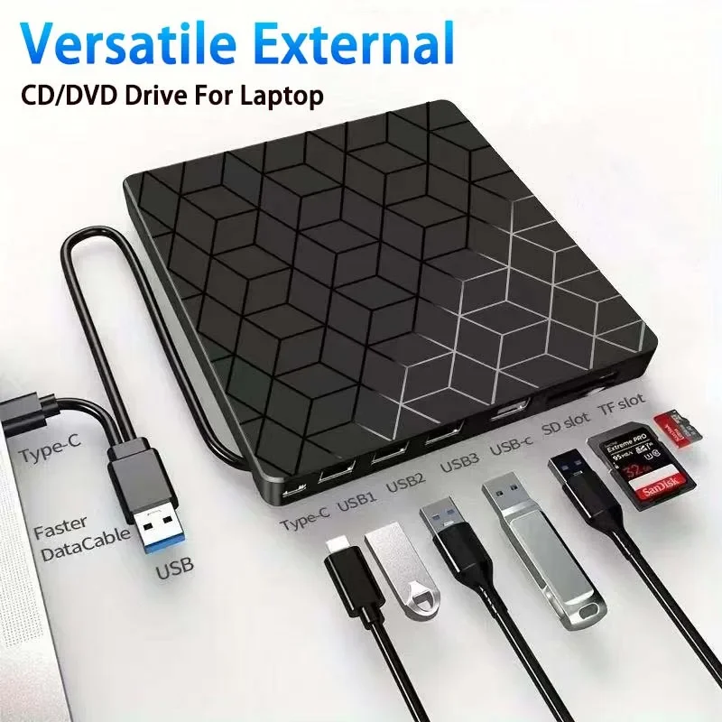 

Внешняя записывающая DVD 7 в 1, USB 3.0/Type-C, привод для CD/DVD, плеер, оптический привод, портативный для ПК, ноутбука, настольного компьютера, Windows Linux