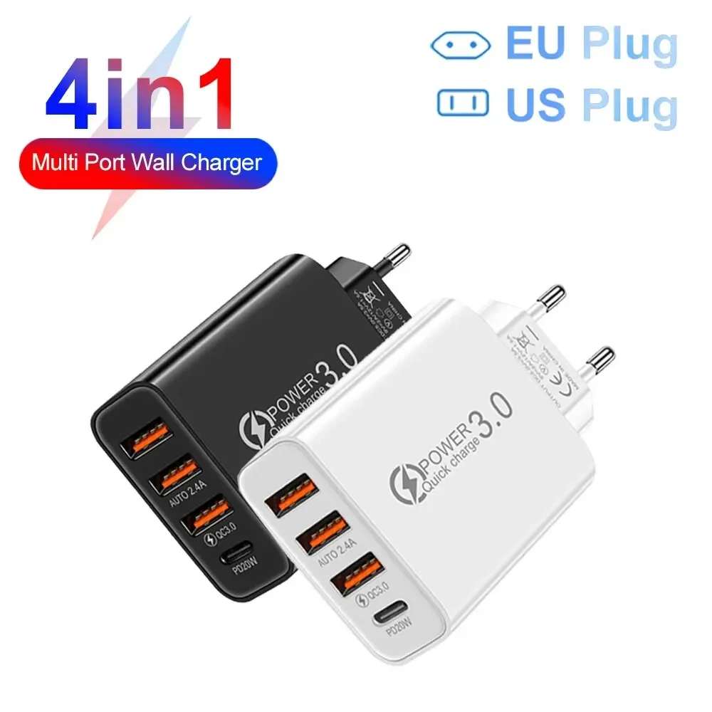 

4 Ports Fast Charger 3 USB/1 Type-C US/EU Standard Wall Charger Multi-port Mobile Phone Accessories for Mobile Phone Charging