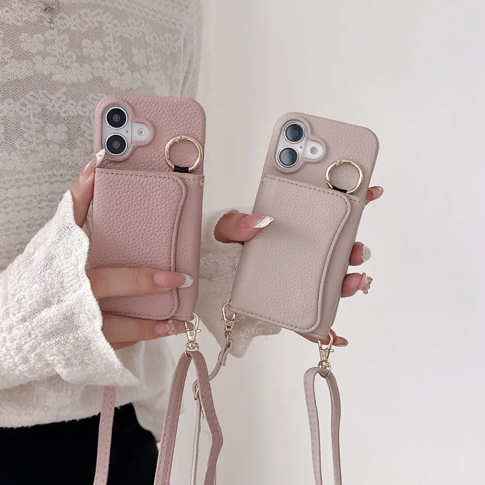 Handyhülle für IPhone 16E 16 15 14 Pro 13 12 Mini 11 Pro Max Ring Umhängetasche Brieftasche Kartenhalter Slot PU-Leder Anti-Fall-Abdeckung