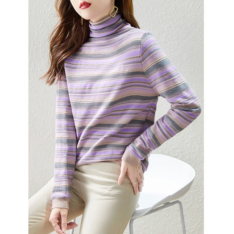 2022 Autumn Winter New Turtleneck Colorfull Striped Pullovers Sweaters Korean Style Bottoming Knitted Tops Female Clothing