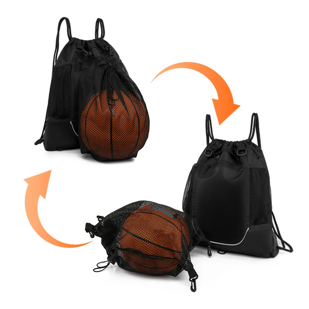 Mesh Volleyball Storage Pouch Portable Drawstring Basketball Shoulder Bag Elastic Removable Reflective Stripe for Outdoor Sports